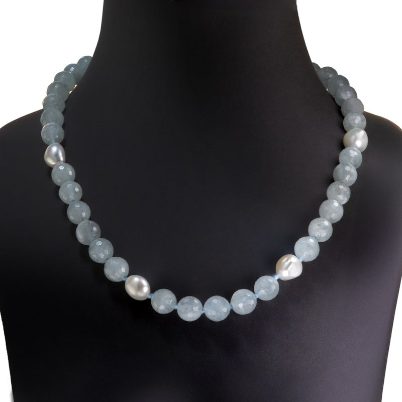 Natural Faceted Aquamarine & Baroque Pearl Necklace