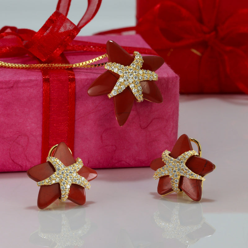 Starfish Red Jasper, CZ & Gilded Sterling Silver Earrings