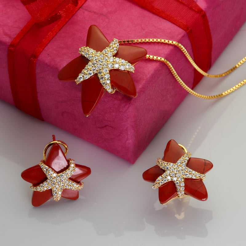 Starfish Red Jasper, CZ & Gilded Sterling Silver Earrings