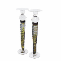 Peacock British Art Glass Cane Candlesticks