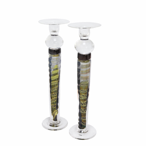 Peacock British Art Glass Cane Candlesticks (Pair) CLEARANCE SAVE £150