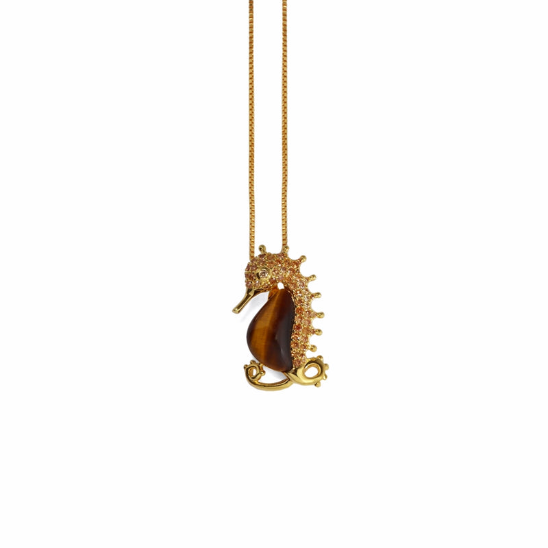 Seahorse Tiger's Eye & CZ Gilded Sterling Silver Pendant