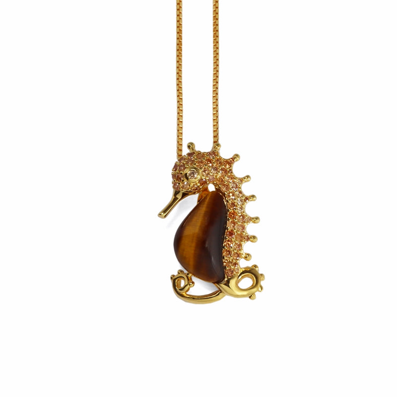 Seahorse Tiger's Eye & CZ Gilded Sterling Silver Pendant