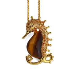 Seahorse Tiger's Eye & CZ Gilded Sterling Silver Pendant