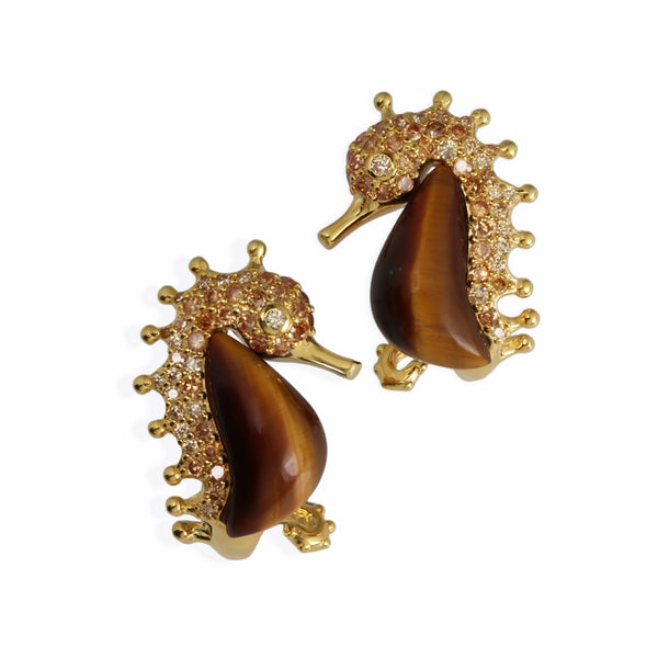 Seahorse Tiger's Eye & CZ Gilded Sterling Silver Earrings