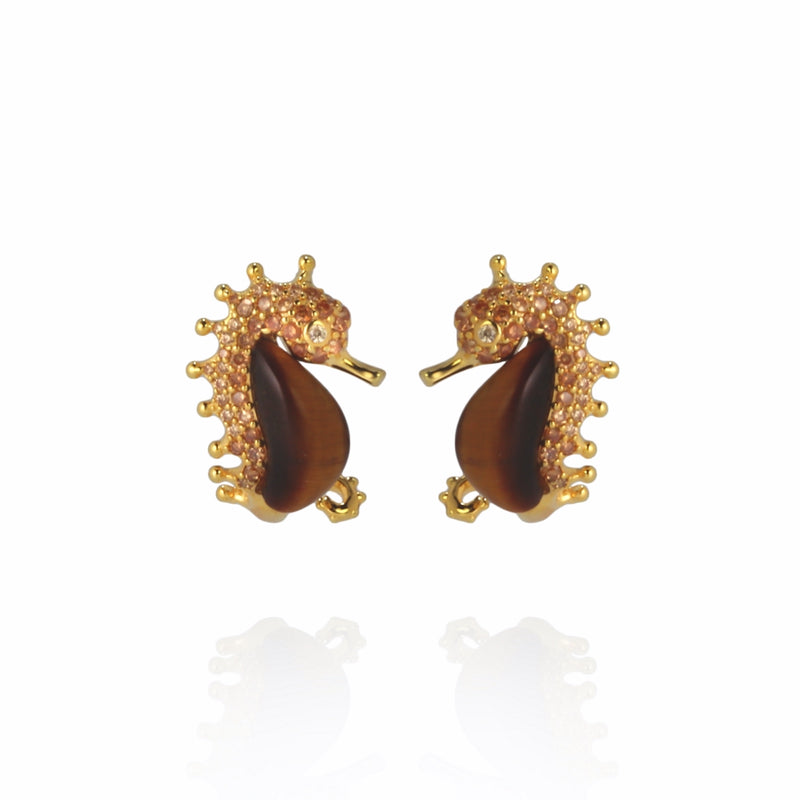 Seahorse Tiger's Eye & CZ Gilded Sterling Silver Earrings