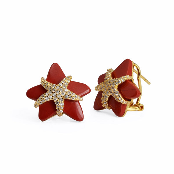 Starfish Red Jasper, CZ & Gilded Sterling Silver Earrings