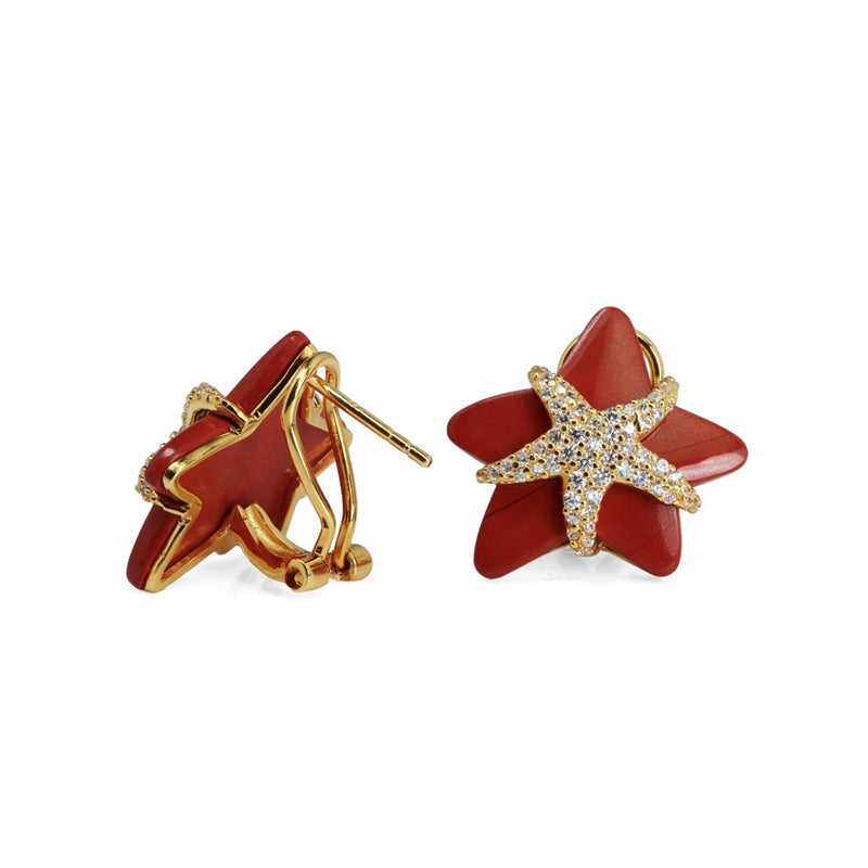 Starfish Red Jasper, CZ & Gilded Sterling Silver Earrings