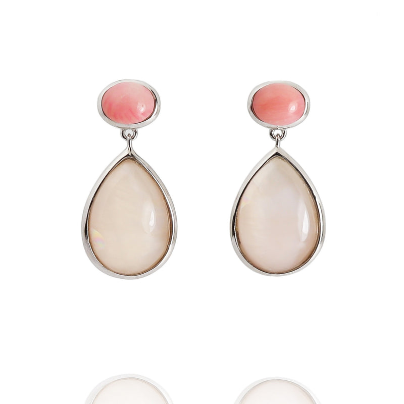 Seashell Pink Coral, Mother of Pearl & Rock Crystal Earrings