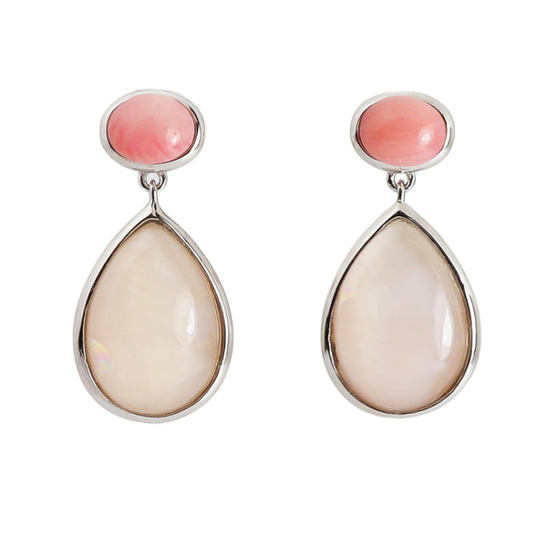 Seashell Pink Coral, Mother of Pearl & Rock Crystal Earrings