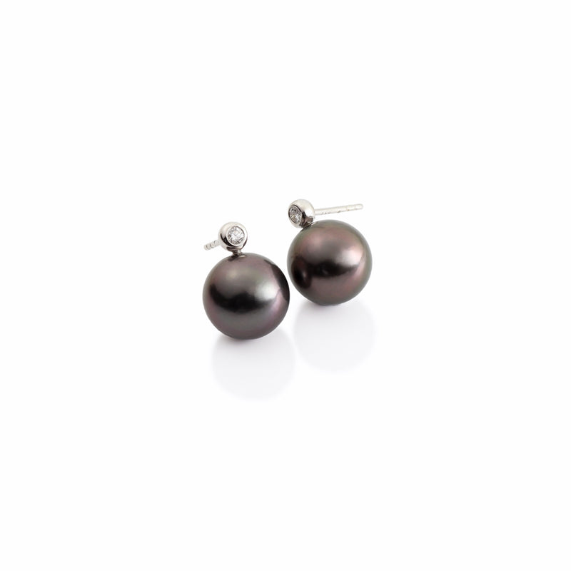 11mm Dark Tahitian Pearl & Diamond 18ct Gold Earrings