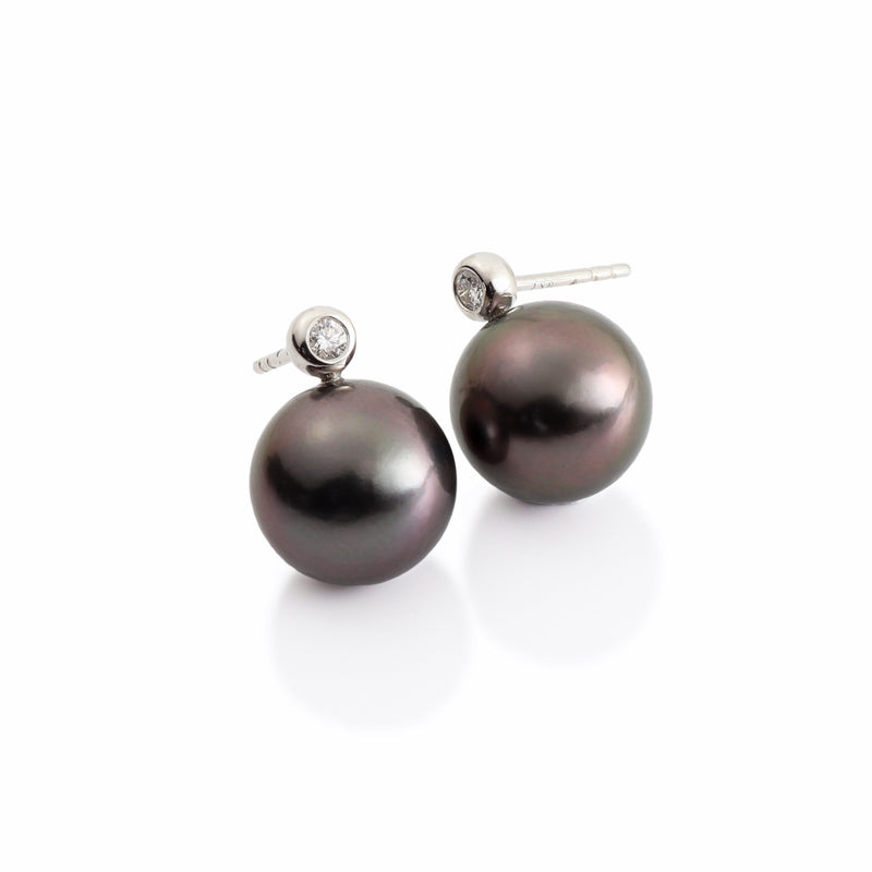 11mm Dark Tahitian Pearl & Diamond 18ct Gold Earrings