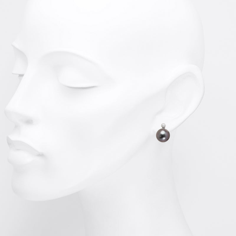 11mm Dark Tahitian Pearl & Diamond 18ct Gold Earrings