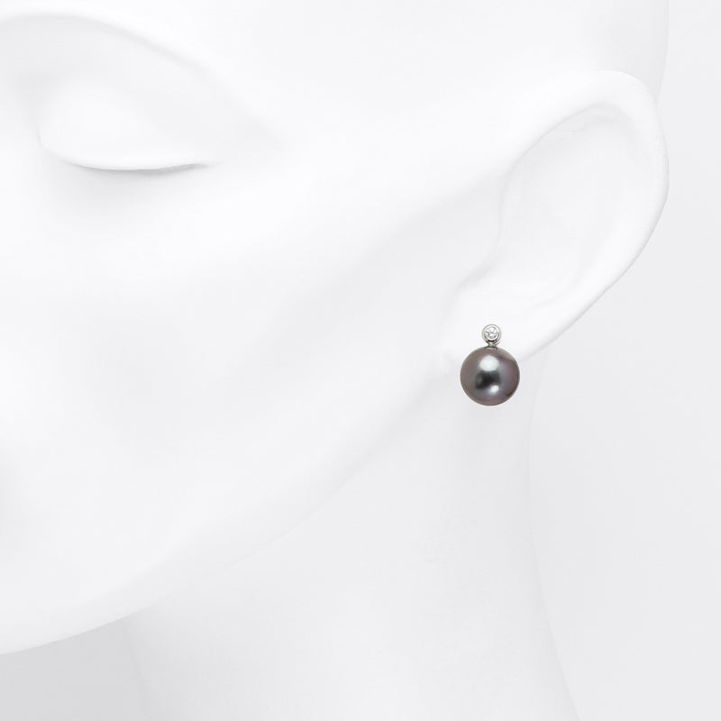 11mm Dark Tahitian Pearl & Diamond 18ct Gold Earrings