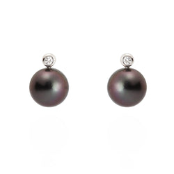 11mm Dark Tahitian Pearl & Diamond 18ct Gold Earrings