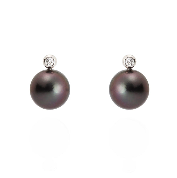 11mm Dark Tahitian Pearl & Diamond 18ct Gold Earrings