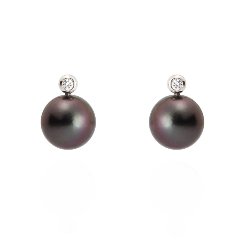 11mm Dark Tahitian Pearl & Diamond 18ct Gold Earrings
