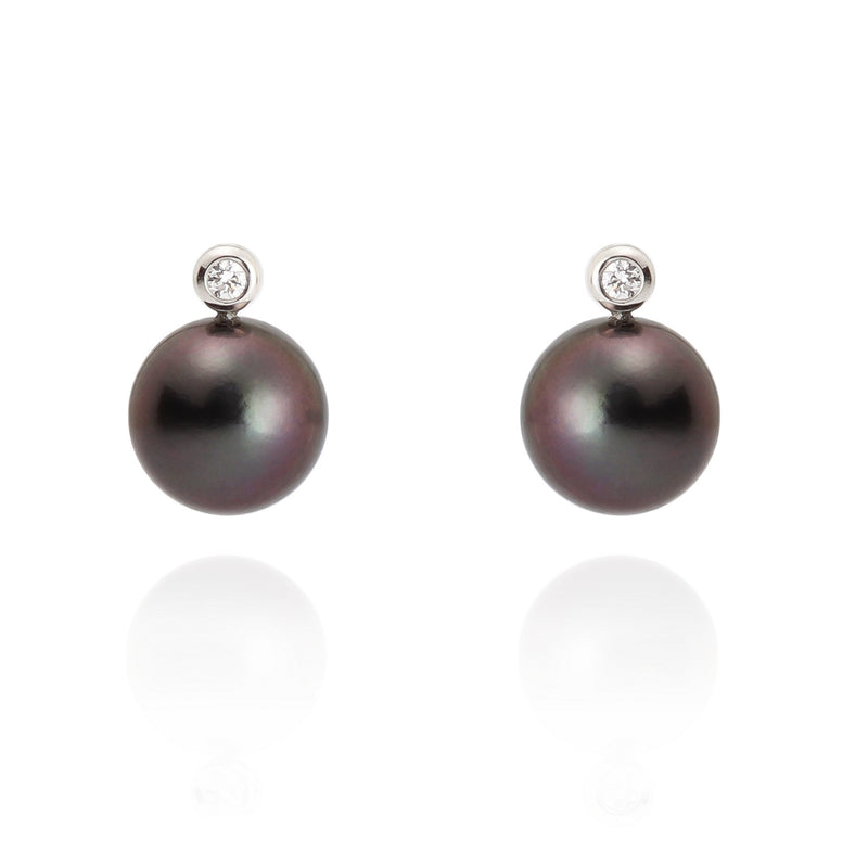 11mm Dark Tahitian Pearl & Diamond 18ct Gold Earrings