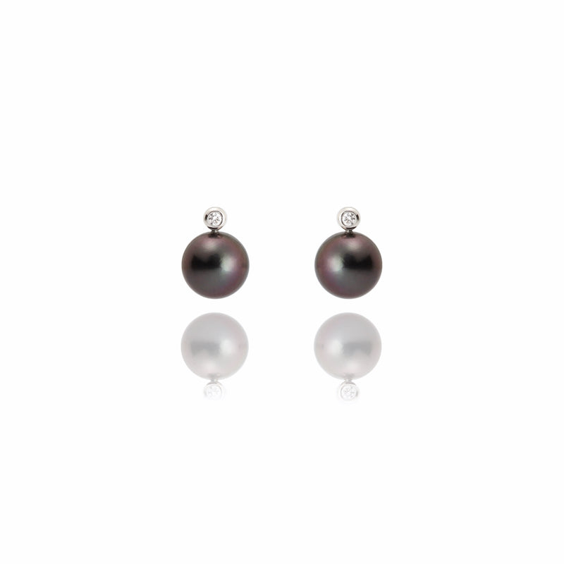 11mm Dark Tahitian Pearl & Diamond 18ct Gold Earrings