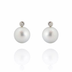 11/12mm Silver White Tahitian Pearl & Diamond 18ct Gold Earrings