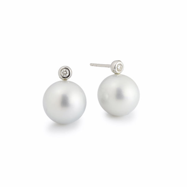 11/12mm Silver White Tahitian Pearl & Diamond 18ct Gold Earrings