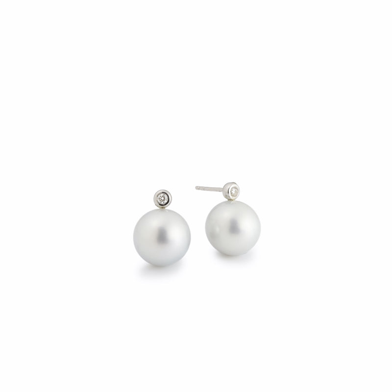 11/12mm Silver White Tahitian Pearl & Diamond 18ct Gold Earrings