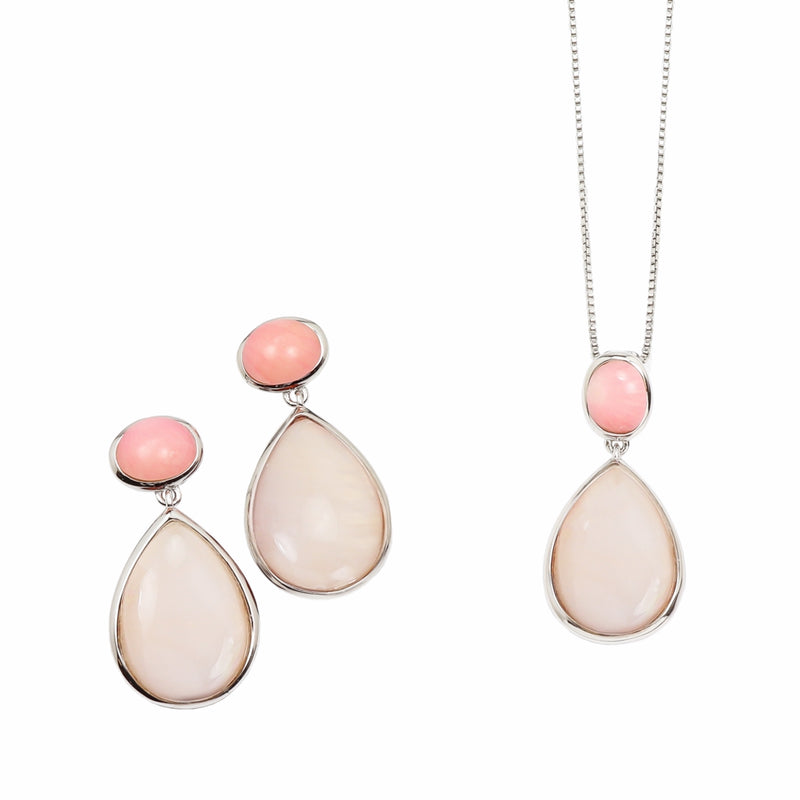 Seashell Pink Coral, Mother of Pearl & Rock Crystal Earrings