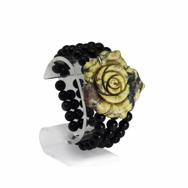 Serpentine Rose & Onyx Elasticated Cuff Bracelet
