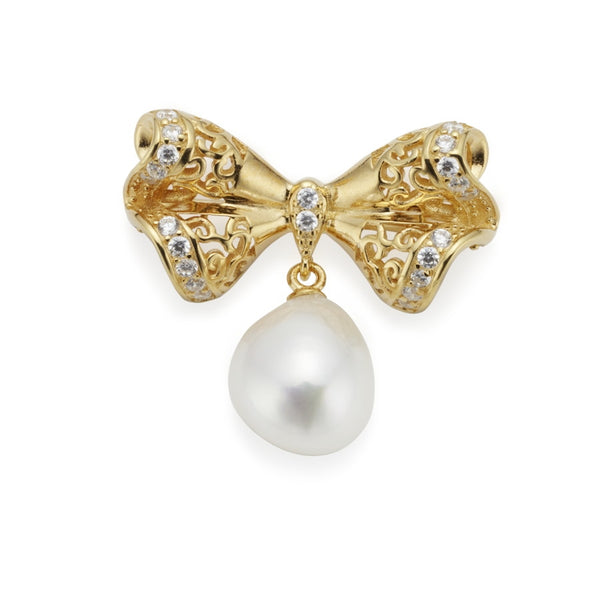 Chantilly Gilded Silver, CZ & Pearl Bow Brooch