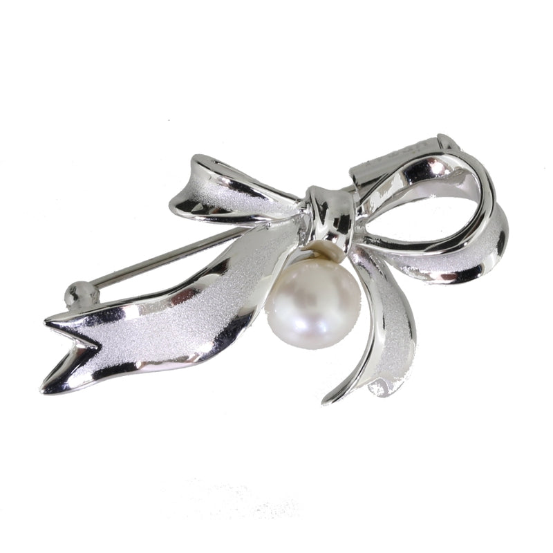 Sweetheart Sterling Silver & Pearl Bow Brooch
