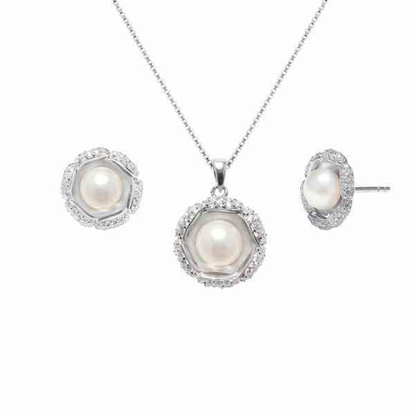 Susie Pearl Flower CZ & Sterling Silver Pendant & Earrings SET CLEARANCE SAVE £35