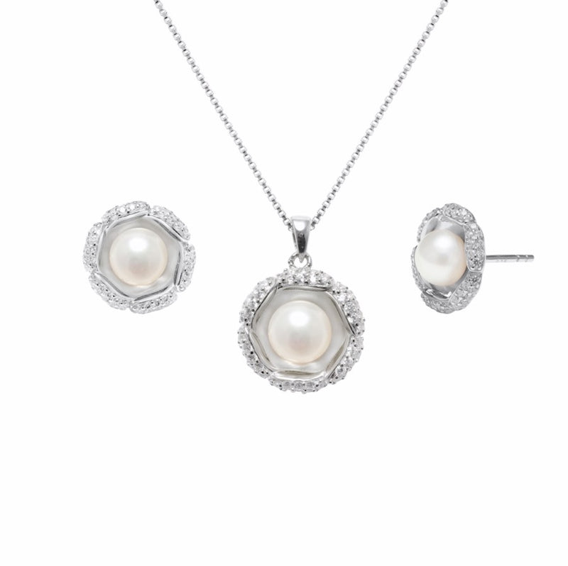 Susie Pearl Flower CZ & Sterling Silver Pendant & Earrings SET CLEARANCE SAVE £35