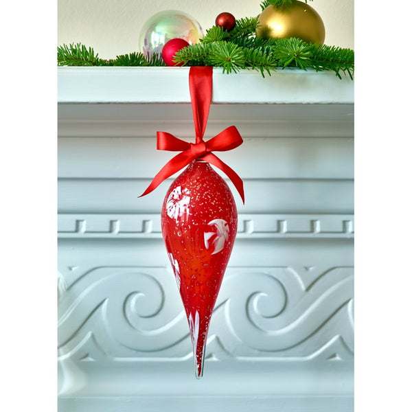 Frostflake Hand Blown Cane Glass Christmas Bauble (Red)